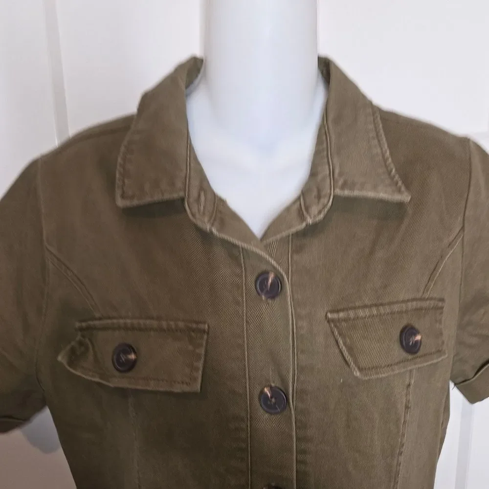 Haute Monde Anthro Denim Olive Green Utility Coveralls Jumpsuit Size Large - Picture 5 of 12